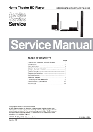 Philips htb5580 htb5580x htb5580g service manual cover with picture of the device, model type and number, table of contents, manual version and publication year.