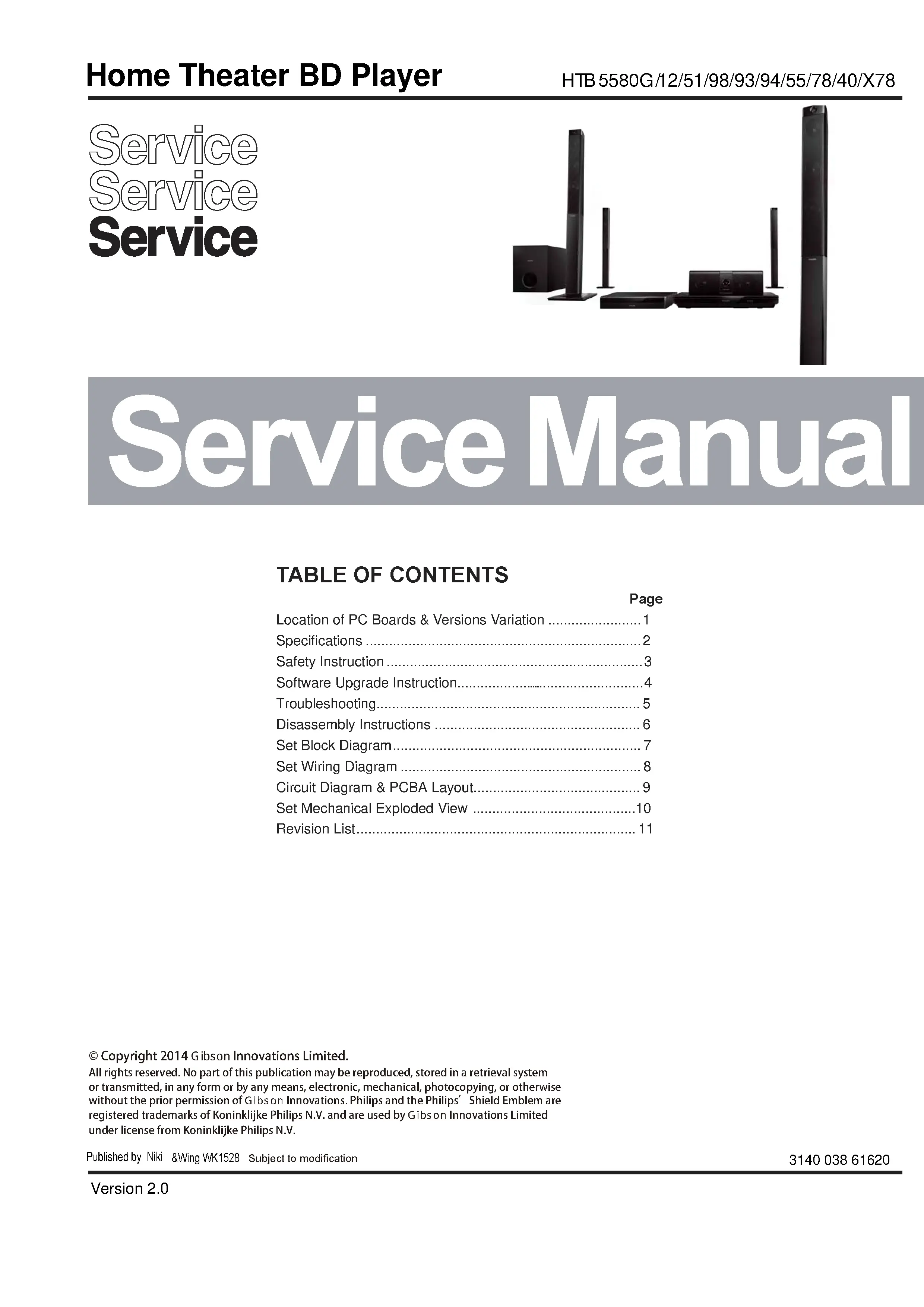 Philips htb5580 htb5580x htb5580g service manual cover with picture of the device, model type and number, table of contents, manual version and publication year.