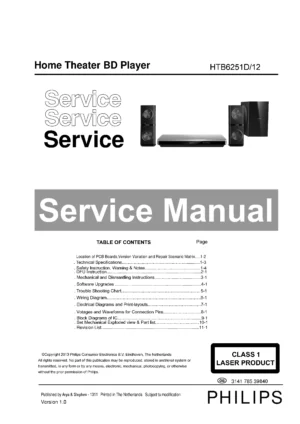 Philips htb6251d service manual cover with picture of the device, model type and number, table of contents, manual version and publication year.