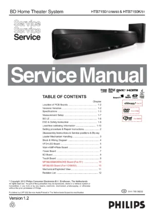 Philips htb7150 htb7150k service manual cover with picture of the device, model type and number, table of contents, manual version and publication year.
