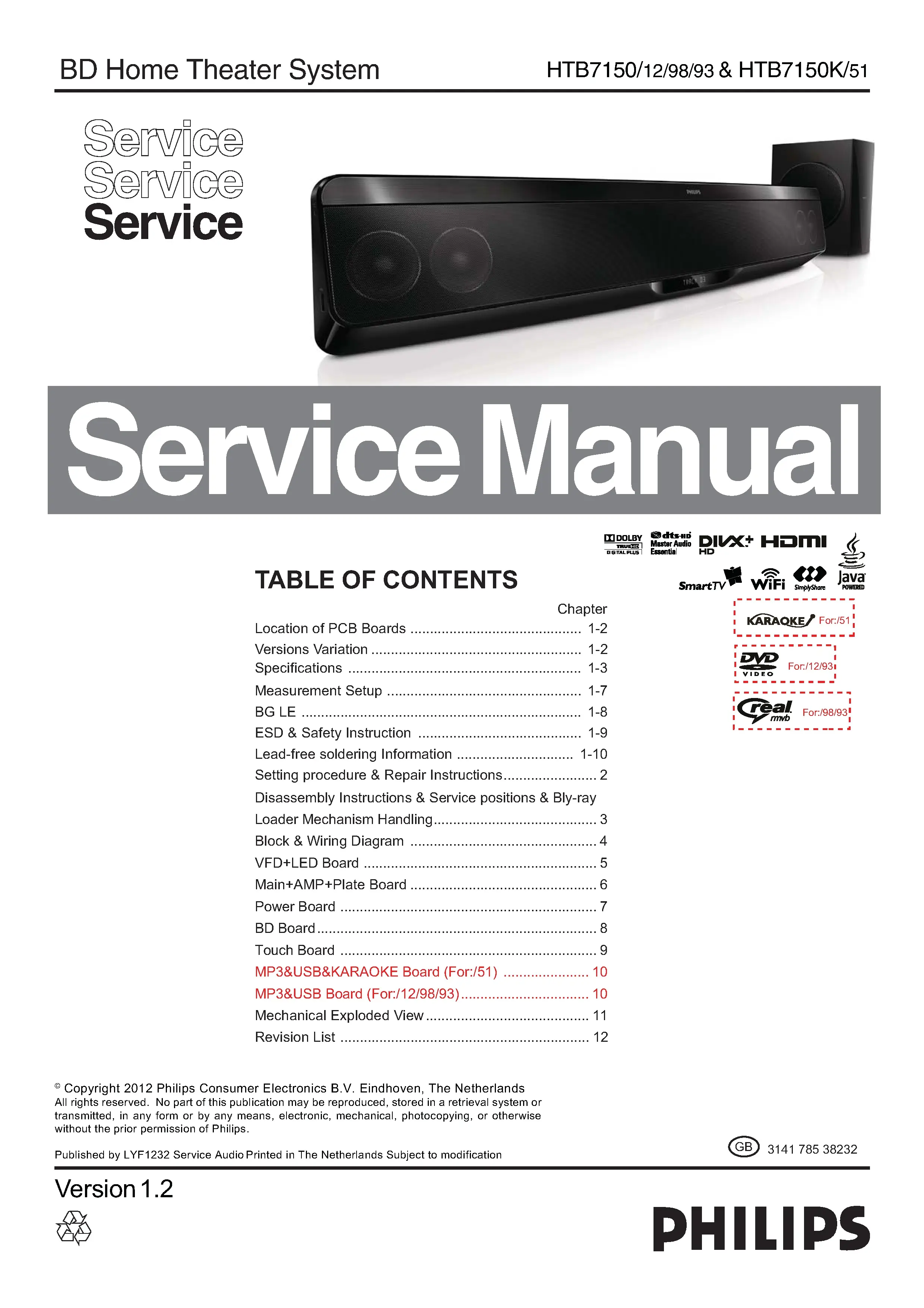 Philips htb7150 htb7150k service manual cover with picture of the device, model type and number, table of contents, manual version and publication year.