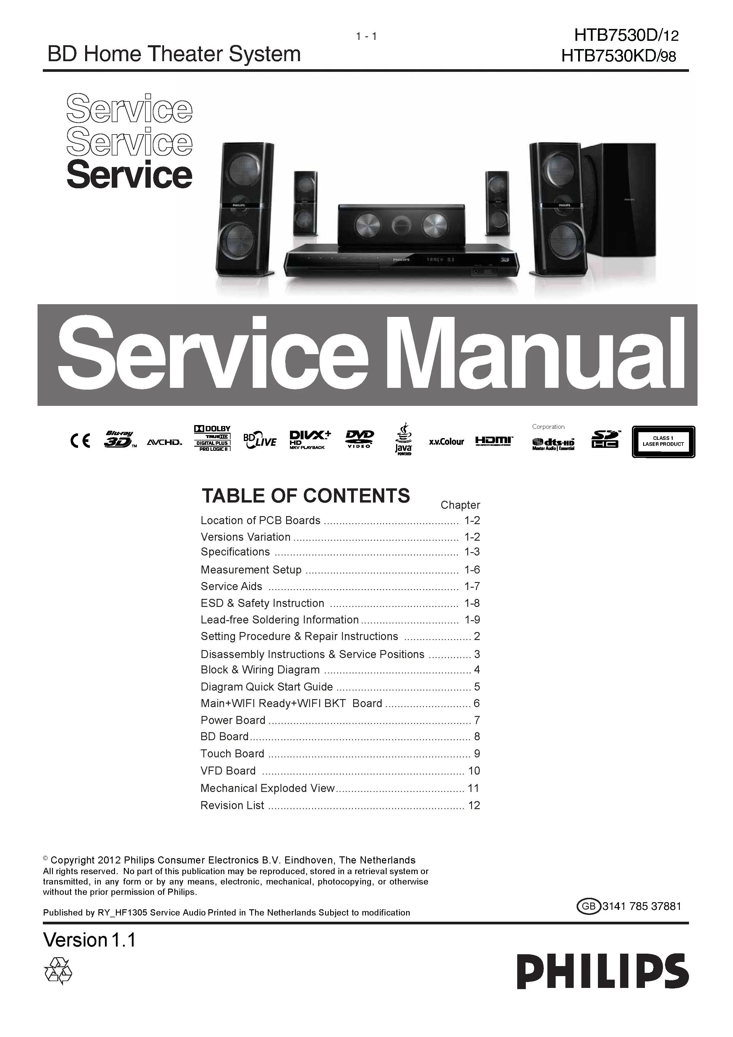 Philips htb7530kd service manual cover with picture of the device, model type and number, table of contents, manual version and publication year.