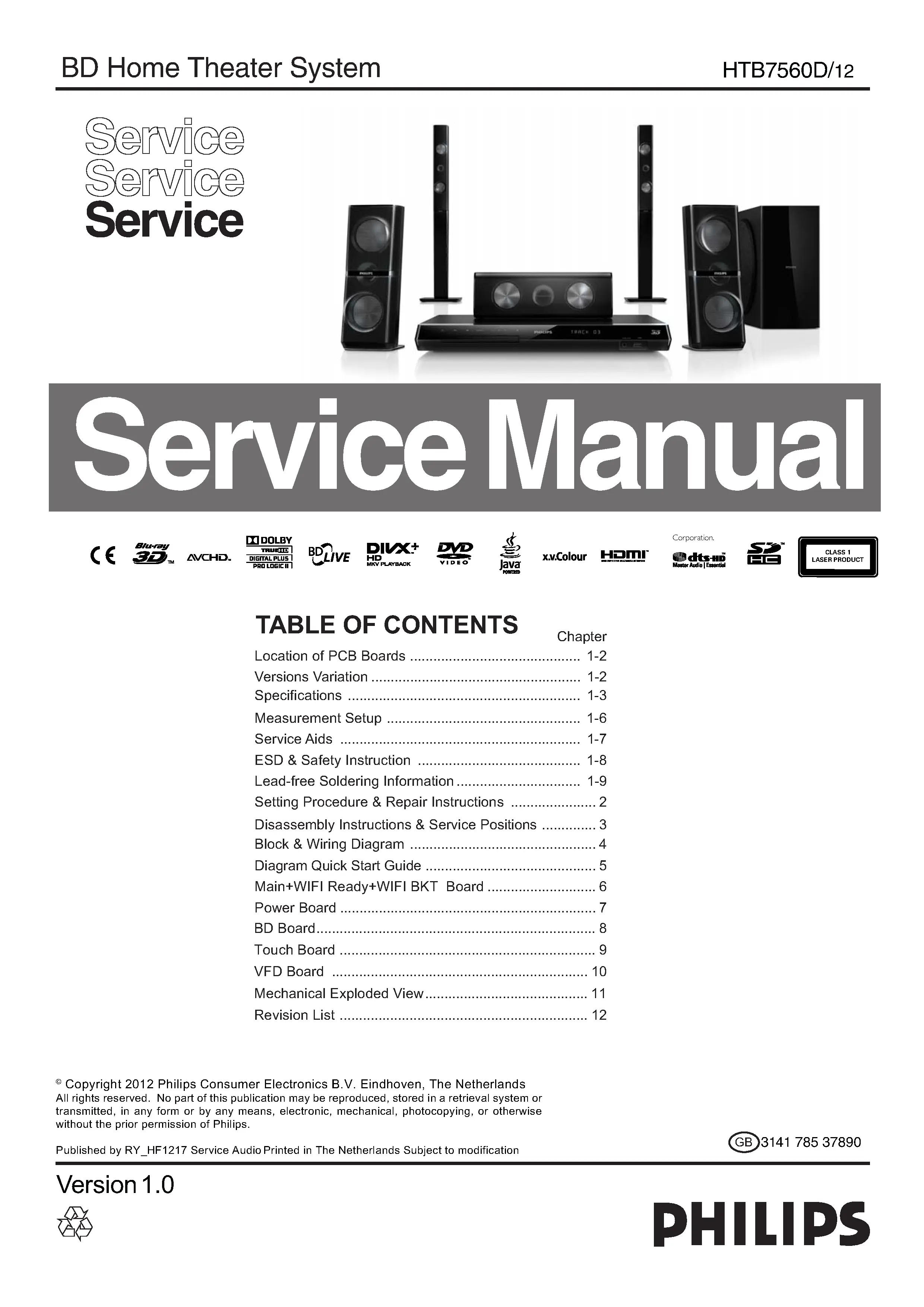 Philips htb7560d service manual cover with picture of the device, model type and number, table of contents, manual version and publication year.