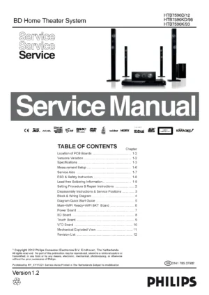 Philips htb7590dhtb7590k htb7590kd service manual cover with picture of the device, model type and number, table of contents, manual version and publication year.