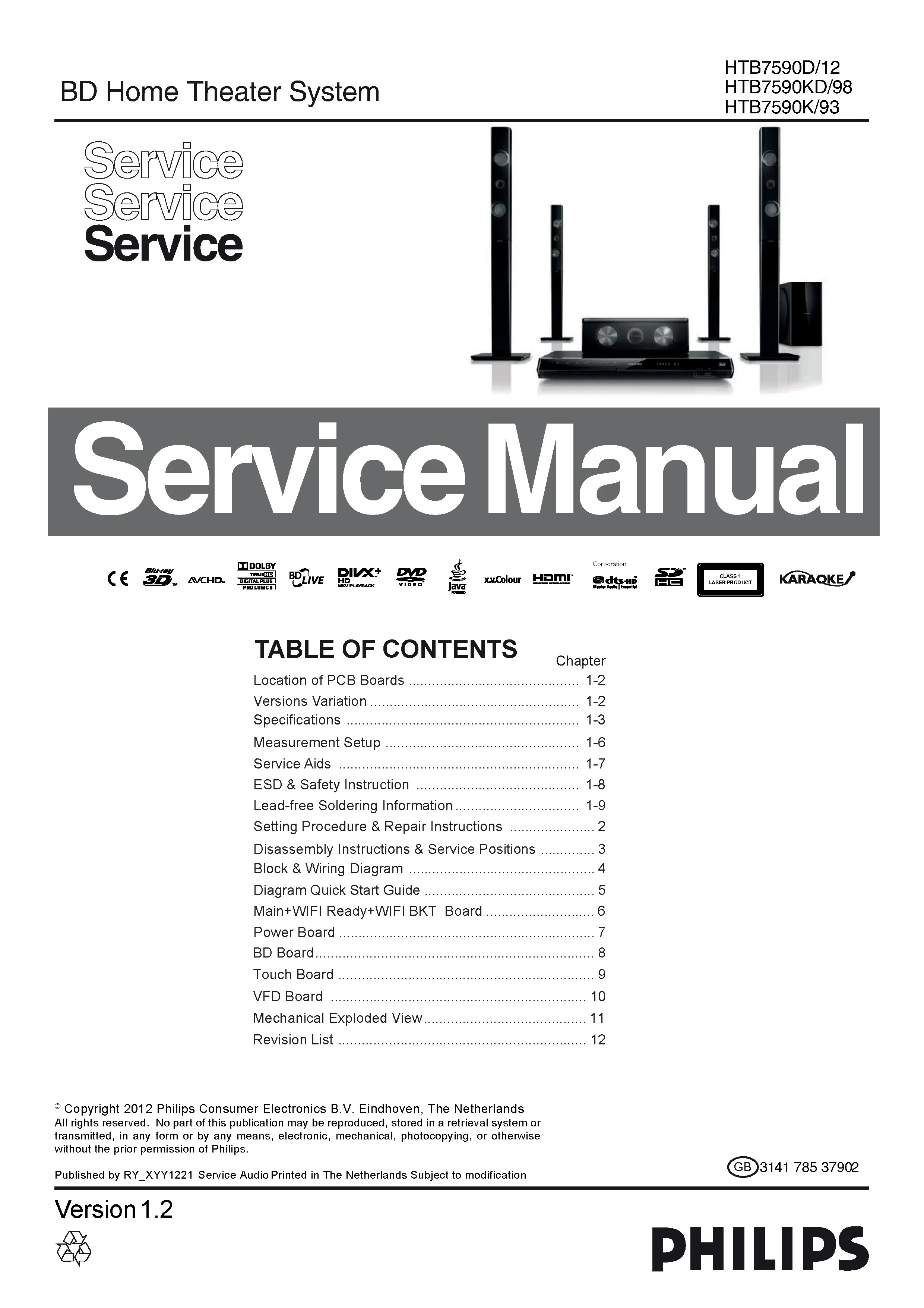Philips htb7590dhtb7590k htb7590kd service manual cover with picture of the device, model type and number, table of contents, manual version and publication year.