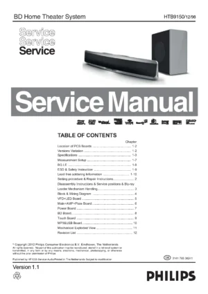 Philips htb9150 service manual cover with picture of the device, model type and number, table of contents, manual version and publication year.