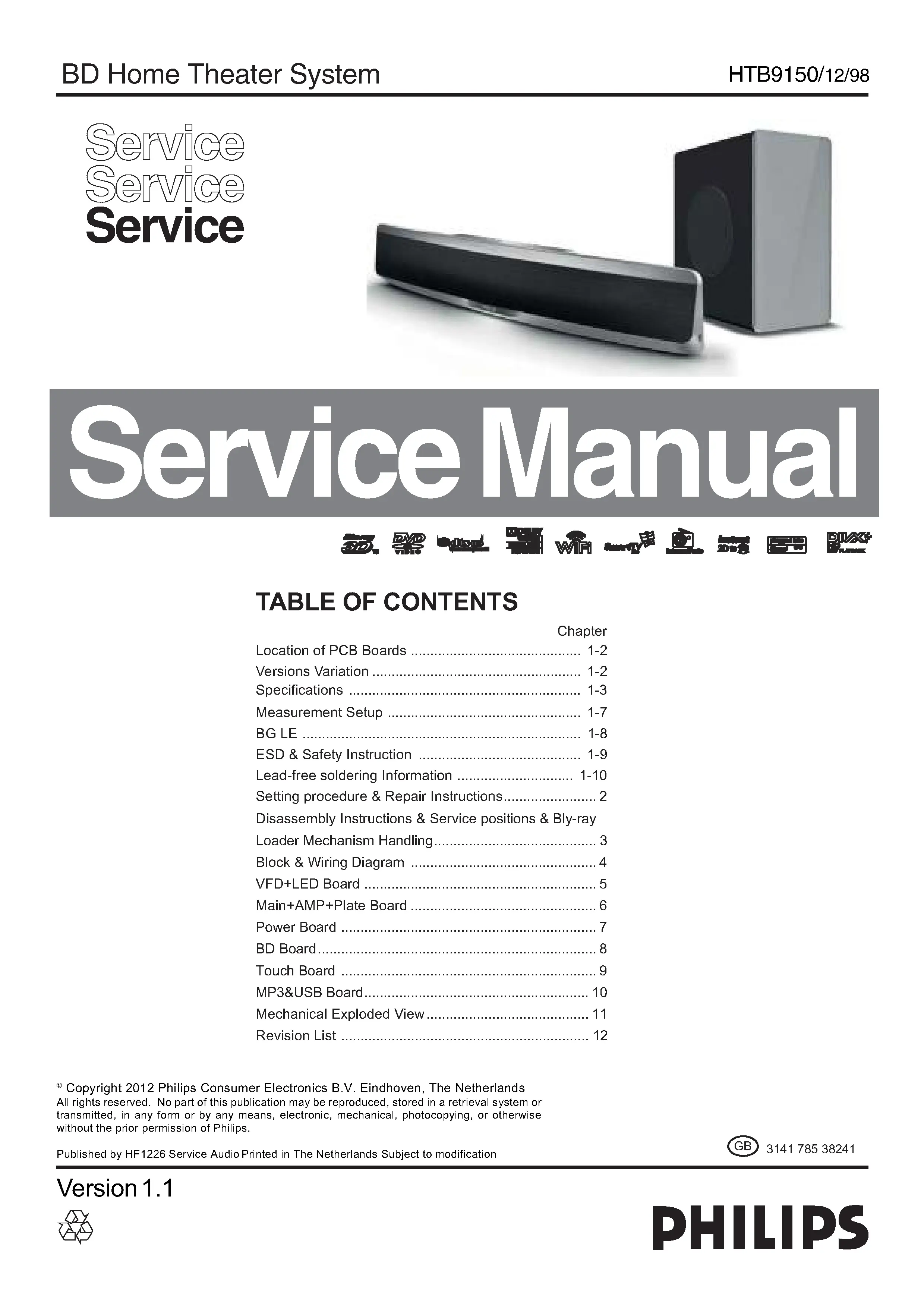 Philips htb9150 service manual cover with picture of the device, model type and number, table of contents, manual version and publication year.