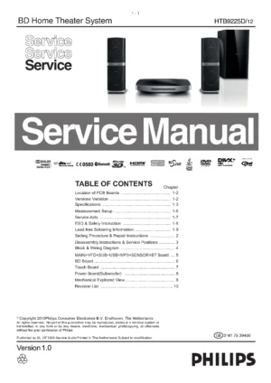 Philips htb9225d service manual cover with picture of the device, model type and number, table of contents, manual version and publication year.