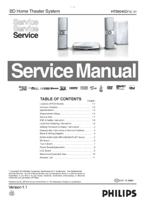Philips htb9245d service manual cover with picture of the device, model type and number, table of contents, manual version and publication year.