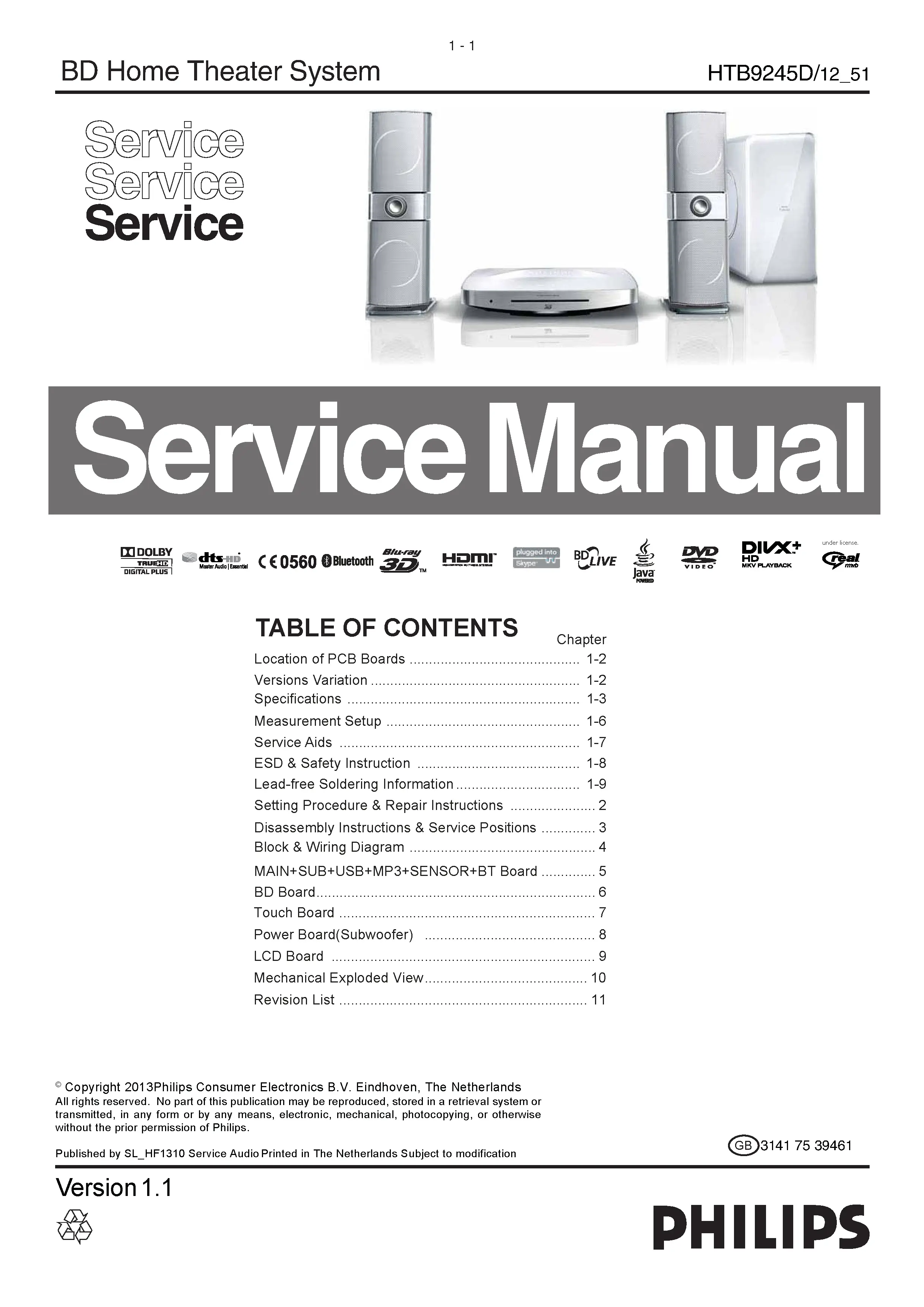 Philips htb9245d service manual cover with picture of the device, model type and number, table of contents, manual version and publication year.