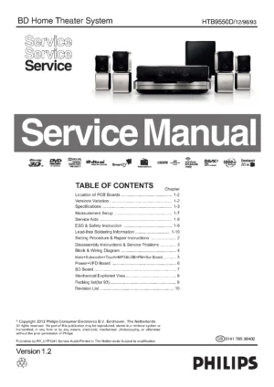 Philips htb9550 htb9550d service manual cover with picture of the device, model type and number, table of contents, manual version and publication year.