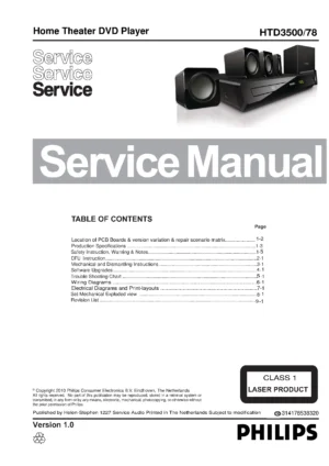 Philips htd3200 service manual cover with picture of the device, model type and number, table of contents, manual version and publication year.
