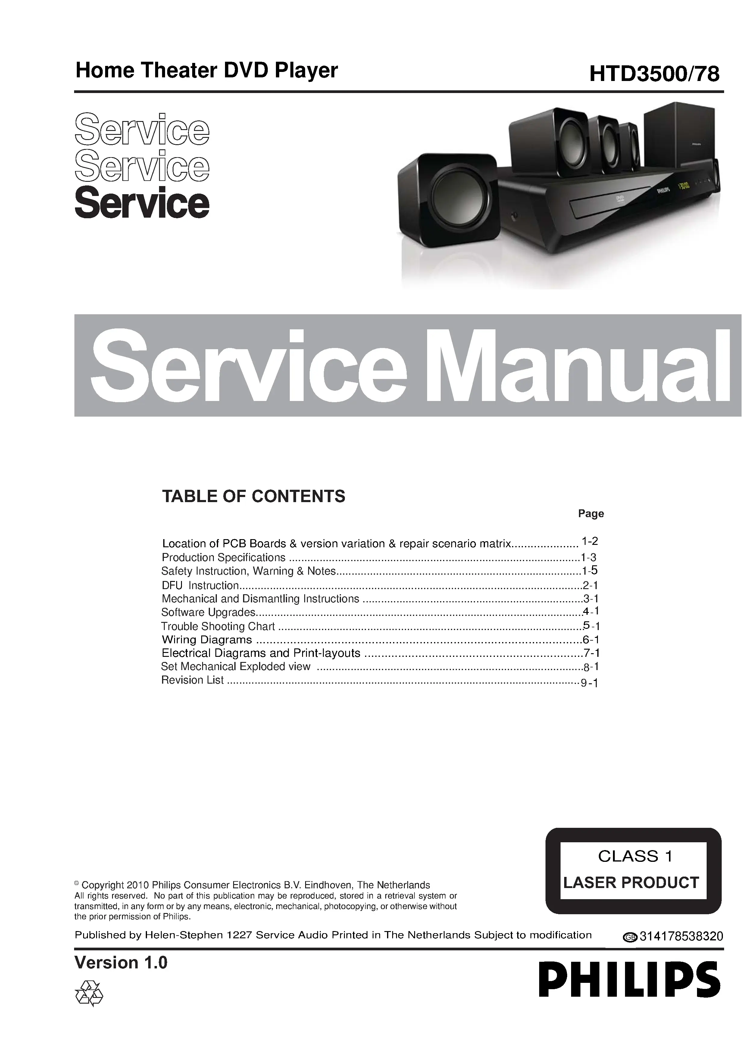Philips htd3200 service manual cover with picture of the device, model type and number, table of contents, manual version and publication year.