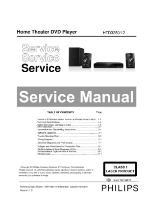 Philips htd3250 service manual cover with picture of the device, model type and number, table of contents, manual version and publication year.
