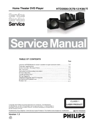 Philips htd3500k service manual cover with picture of the device, model type and number, table of contents, manual version and publication year.