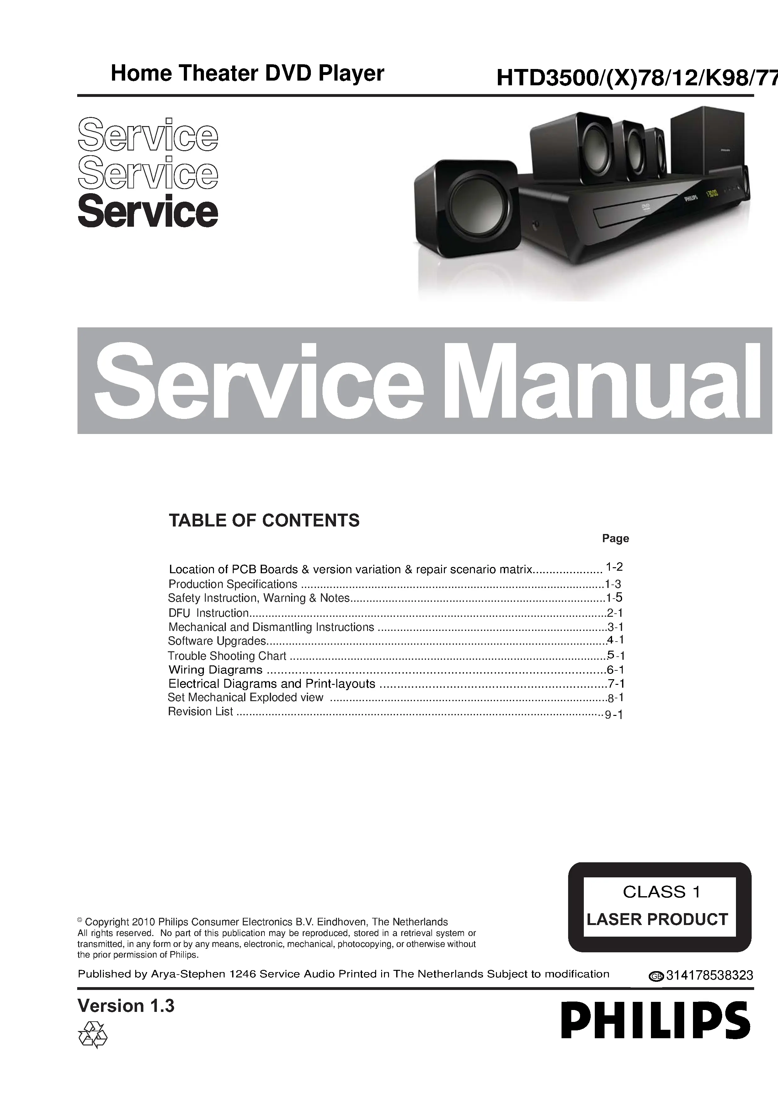 Philips htd3500k service manual cover with picture of the device, model type and number, table of contents, manual version and publication year.
