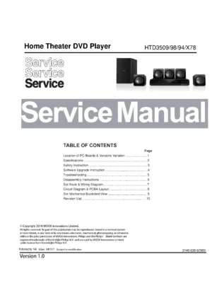 Philips htd3509 htd3509x service manual cover with picture of the device, model type and number, table of contents, manual version and publication year.