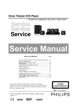 Philips htd3510 htd3510g htd3510x 1 service manual cover with picture of the device, model type and number, table of contents, manual version and publication year.