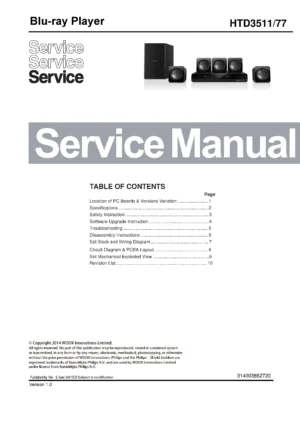 Philips htd3511 service manual cover with picture of the device, model type and number, table of contents, manual version and publication year.