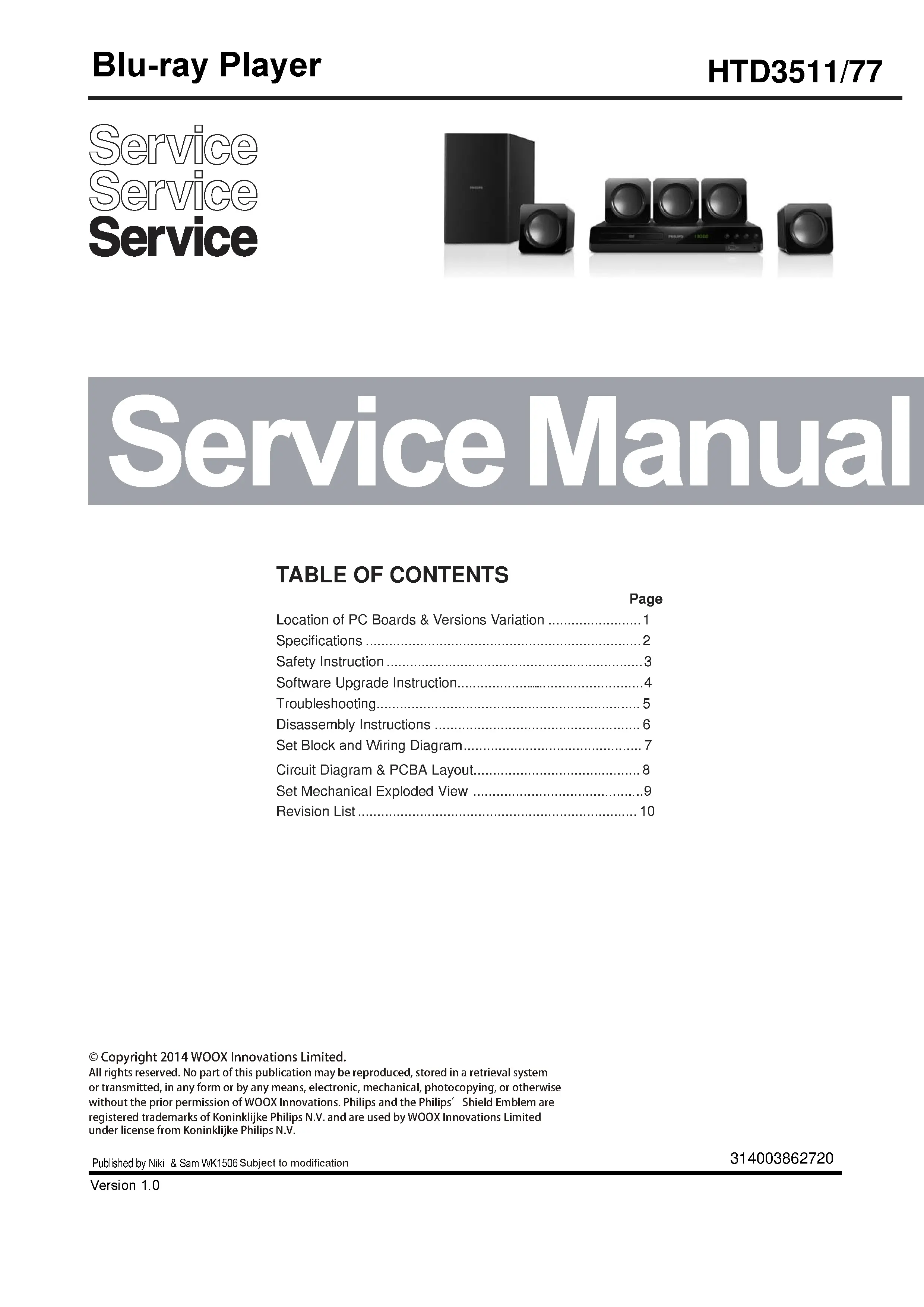 Philips htd3511 service manual cover with picture of the device, model type and number, table of contents, manual version and publication year.