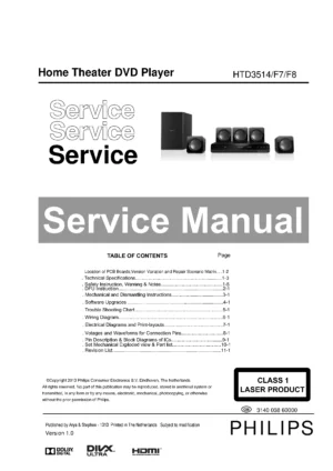 Philips htd3514 service manual cover with picture of the device, model type and number, table of contents, manual version and publication year.