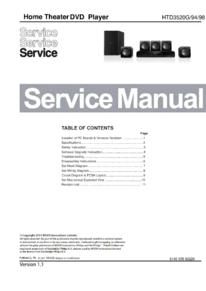 Philips htd3520 htd3520g service manual cover with picture of the device, model type and number, table of contents, manual version and publication year.