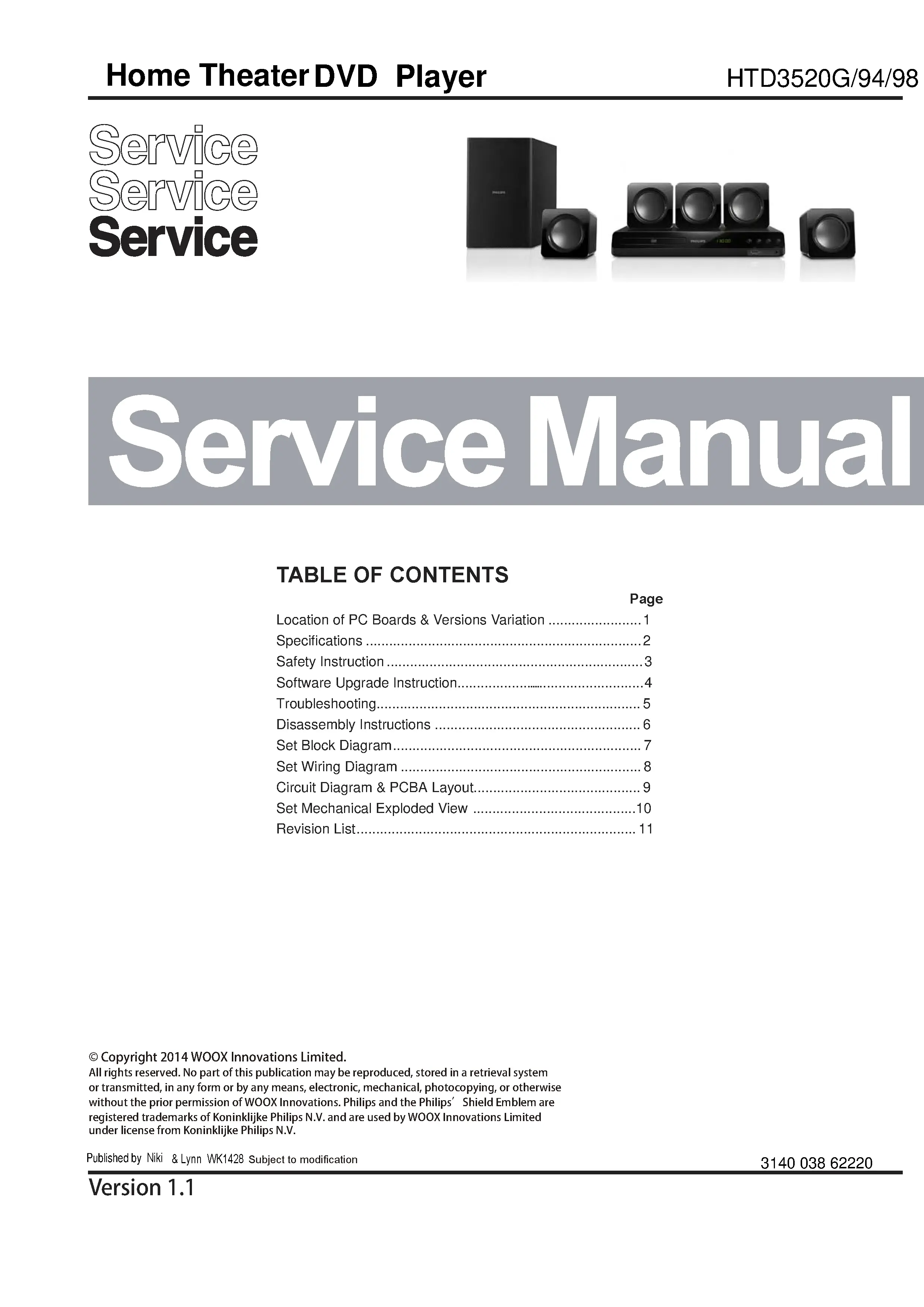 Philips htd3520 htd3520g service manual cover with picture of the device, model type and number, table of contents, manual version and publication year.