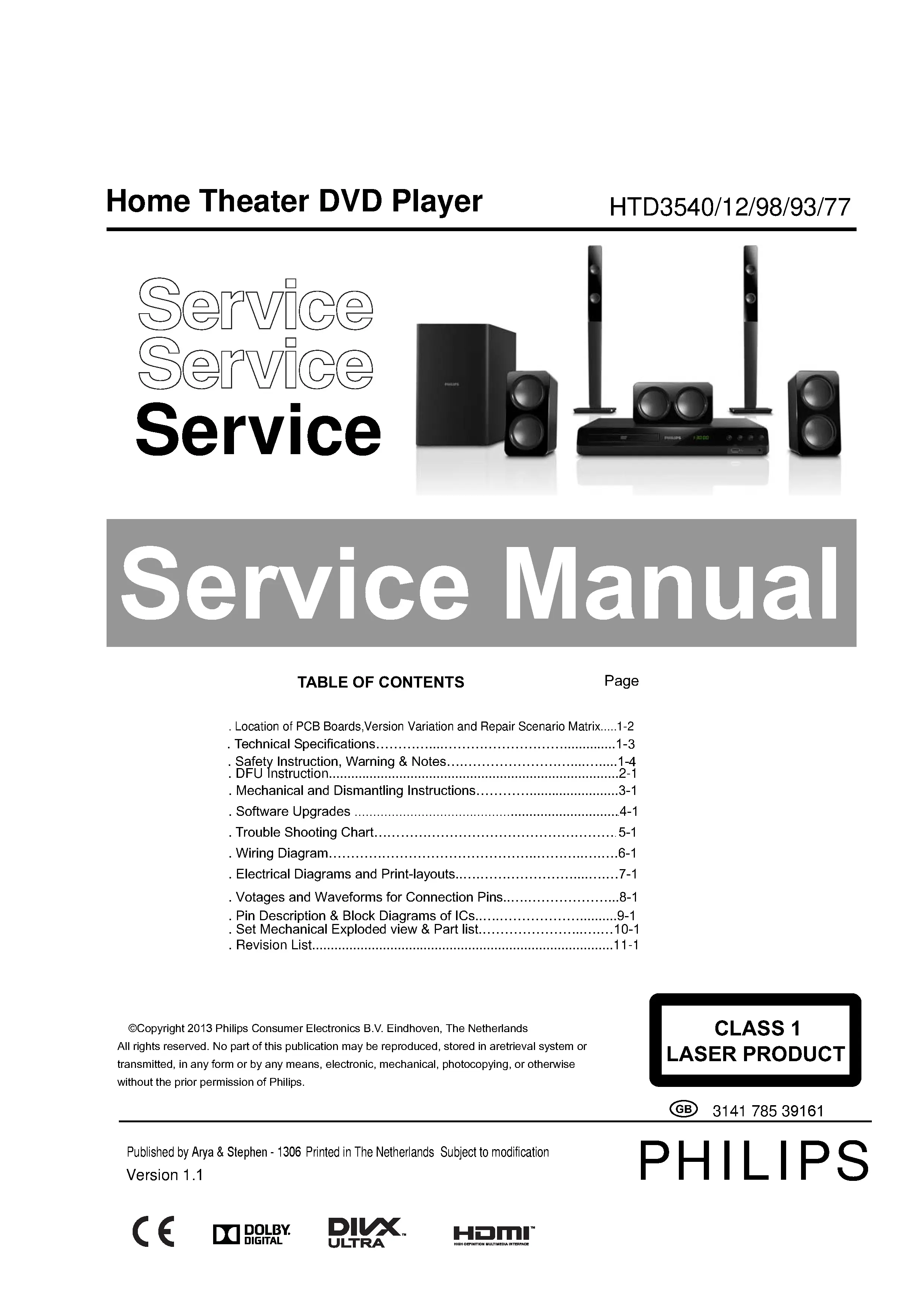 Philips htd3540 service manual cover with picture of the device, model type and number, table of contents, manual version and publication year.