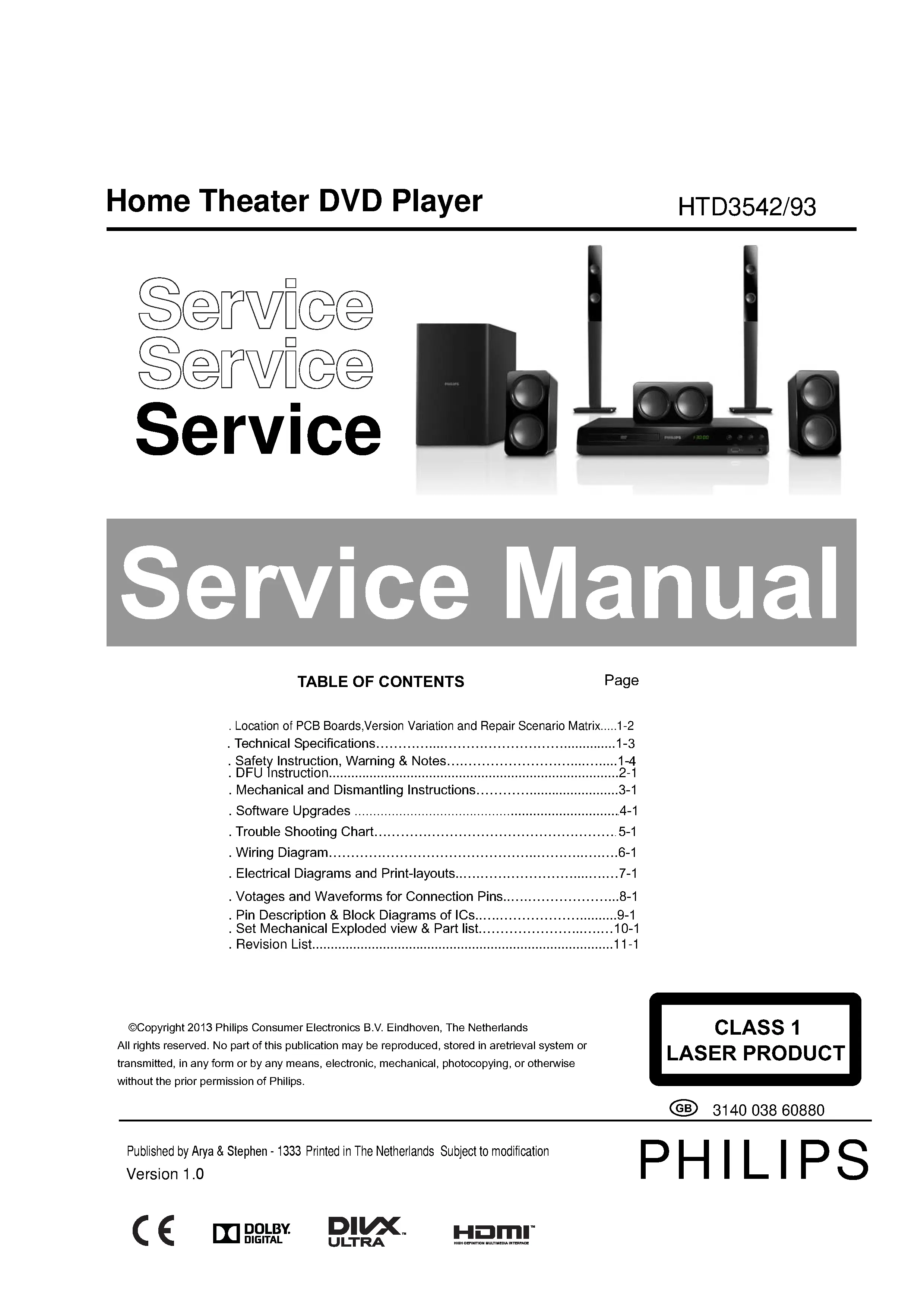 Philips htd3542 service manual cover with picture of the device, model type and number, table of contents, manual version and publication year.