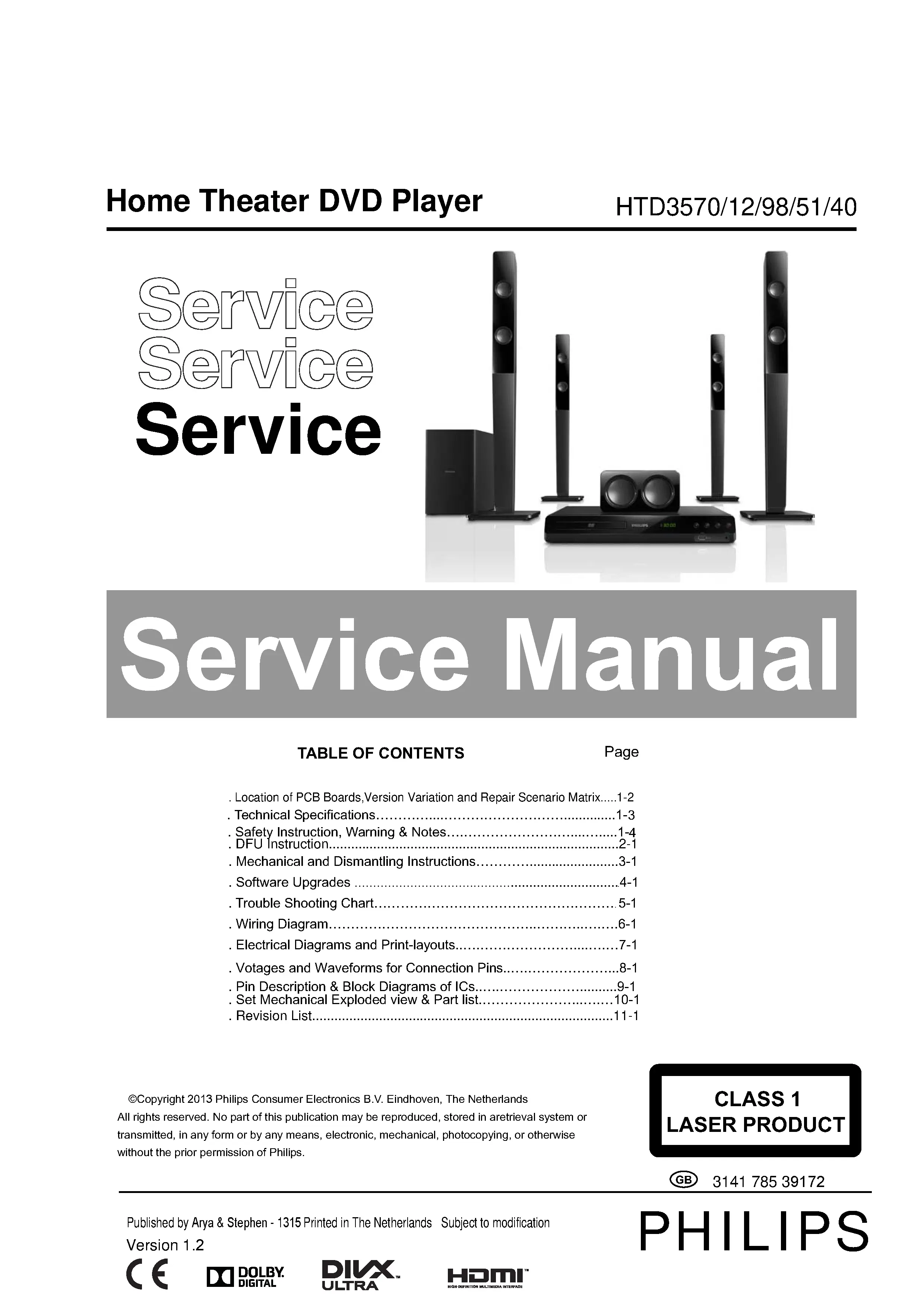 Philips htd3570 service manual cover with picture of the device, model type and number, table of contents, manual version and publication year.
