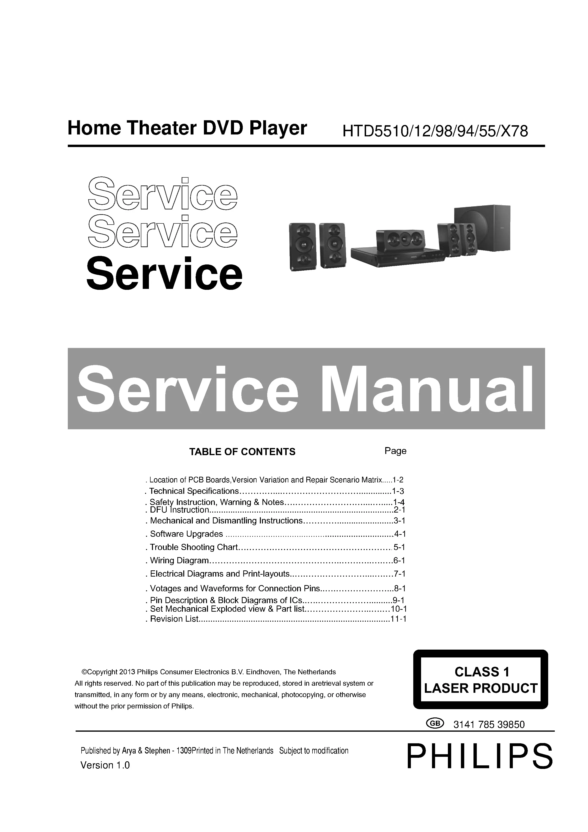 Philips htd5510 htd5510x service manual cover with picture of the device, model type and number, table of contents, manual version and publication year.
