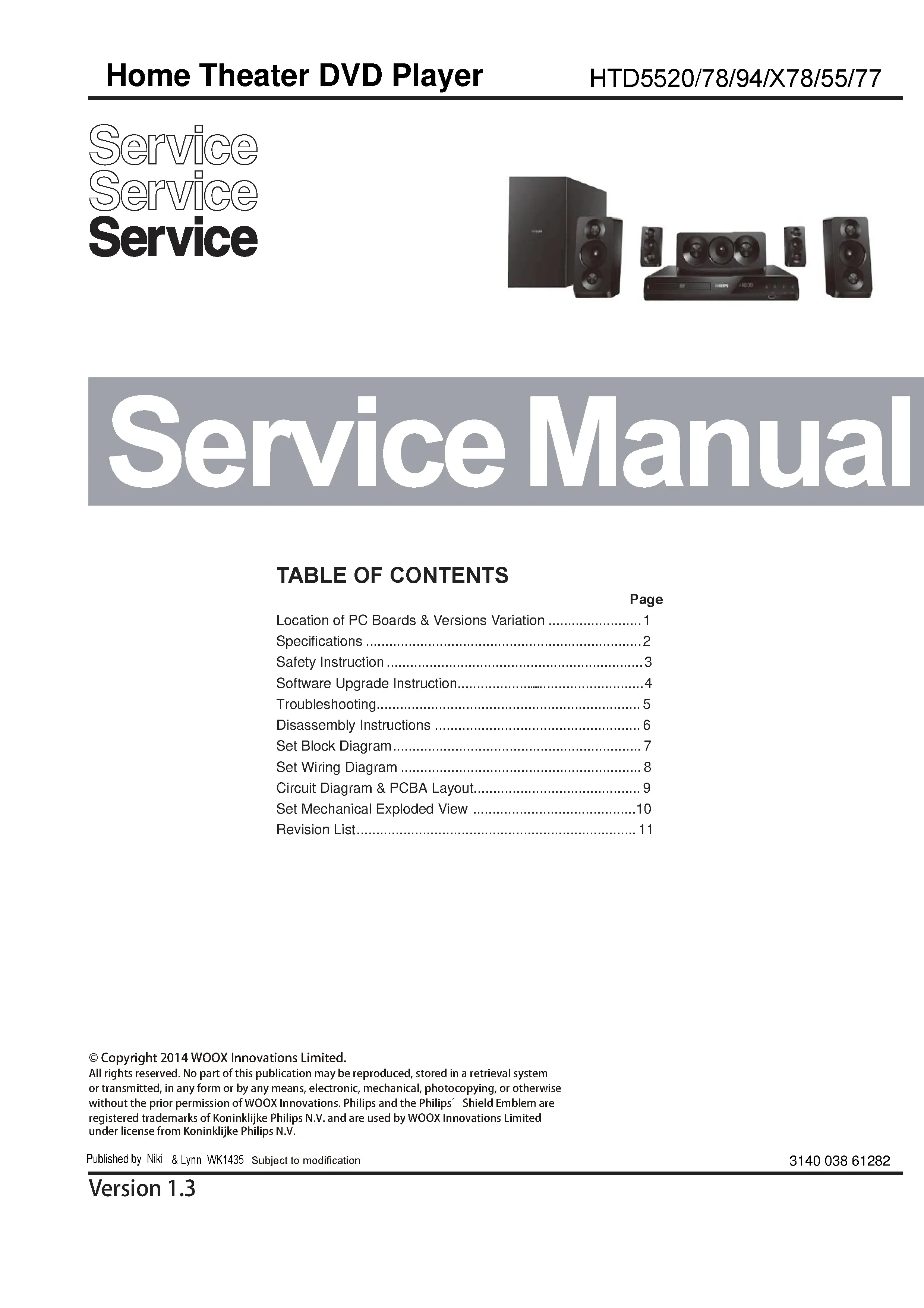 Philips htd5520x service manual cover with picture of the device, model type and number, table of contents, manual version and publication year.