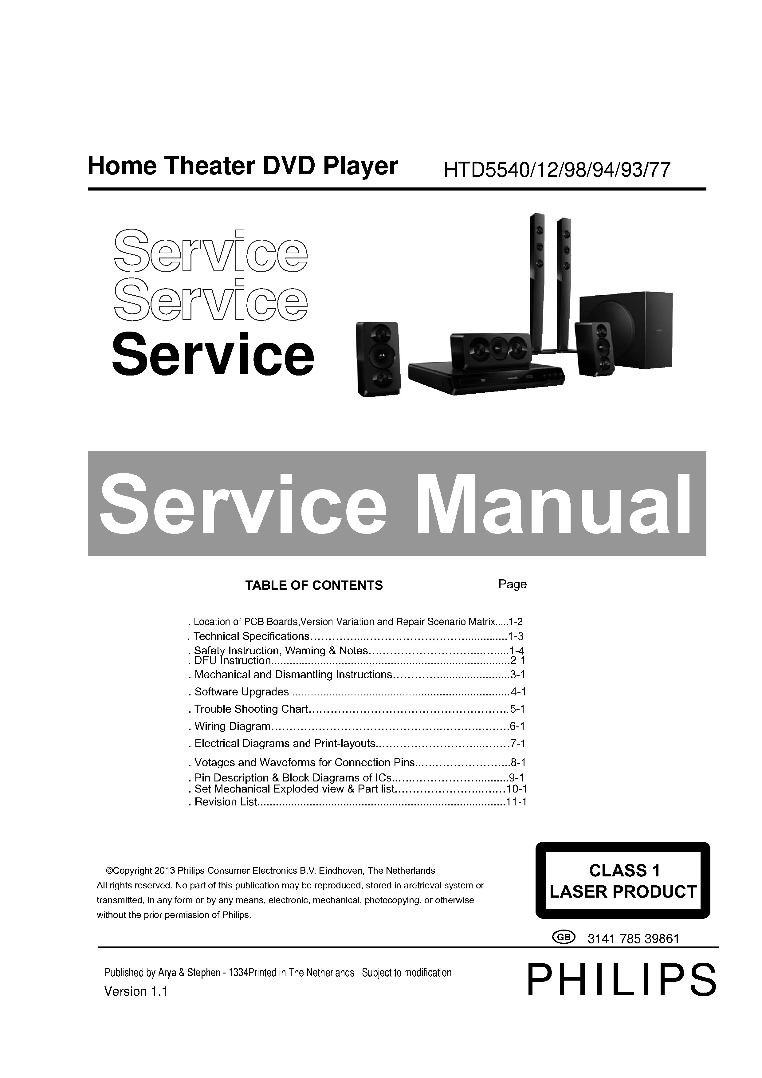 Philips htd5540 service manual cover with picture of the device, model type and number, table of contents, manual version and publication year.