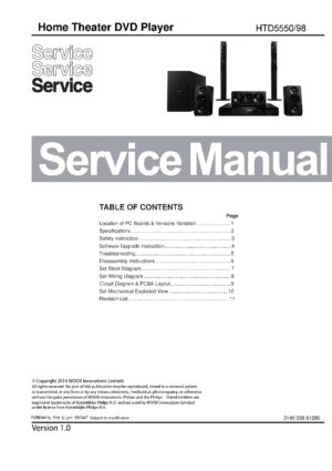 Philips htd5550 service manual cover with picture of the device, model type and number, table of contents, manual version and publication year.