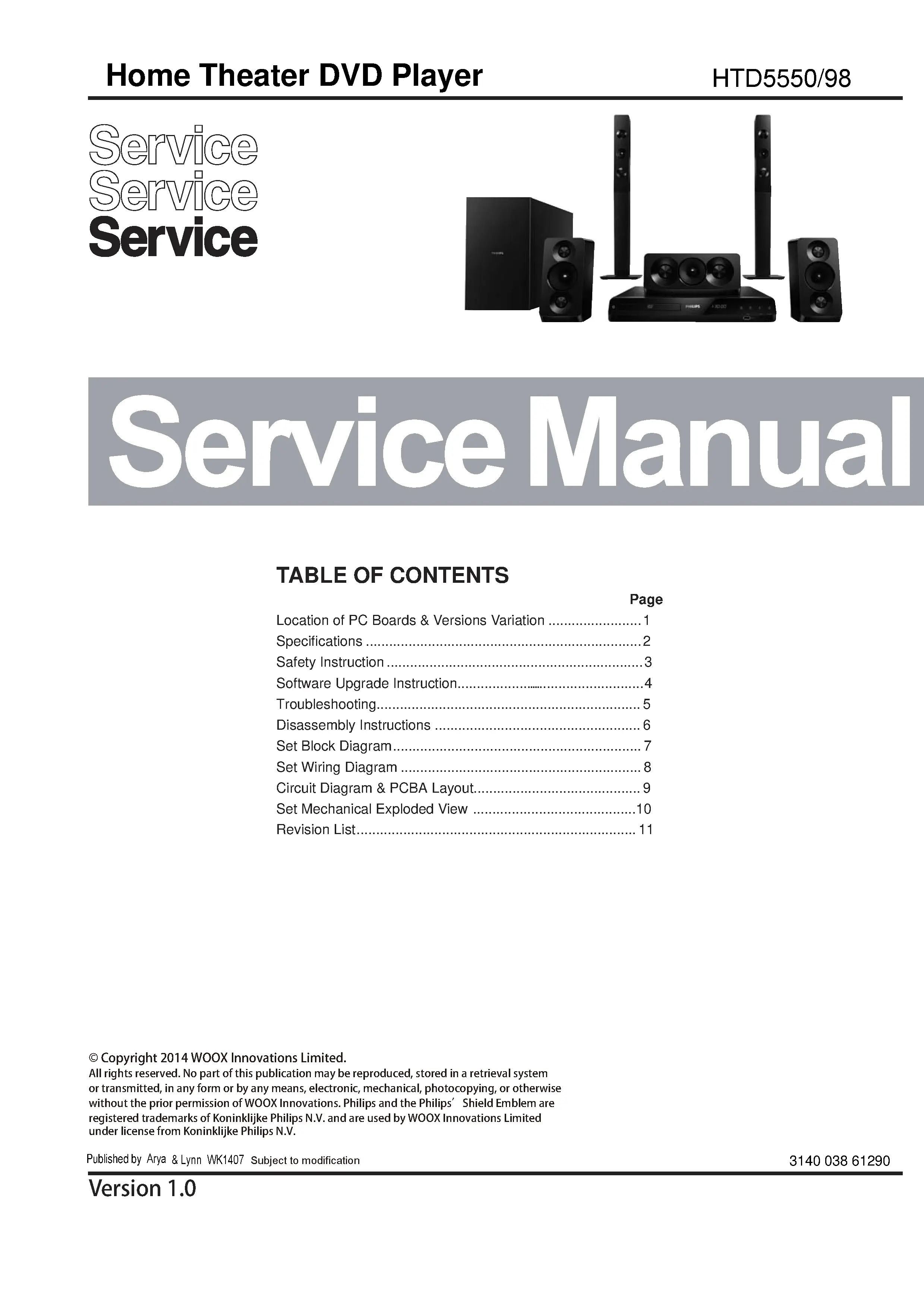 Philips htd5550 service manual cover with picture of the device, model type and number, table of contents, manual version and publication year.