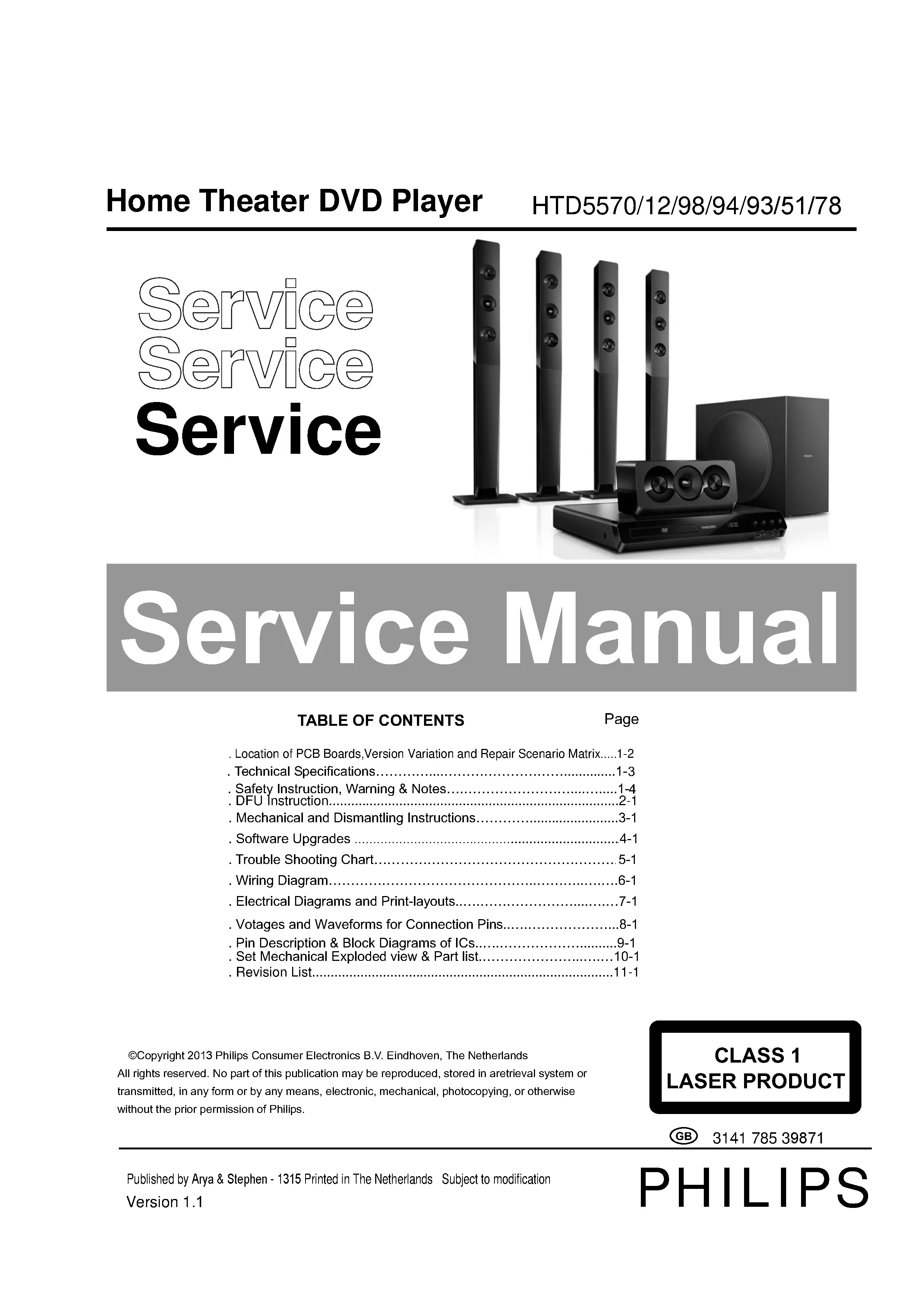 Philips htd5570 service manual cover with picture of the device, model type and number, table of contents, manual version and publication year.