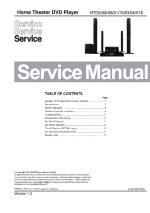Philips htd5580x service manual cover with picture of the device, model type and number, table of contents, manual version and publication year.