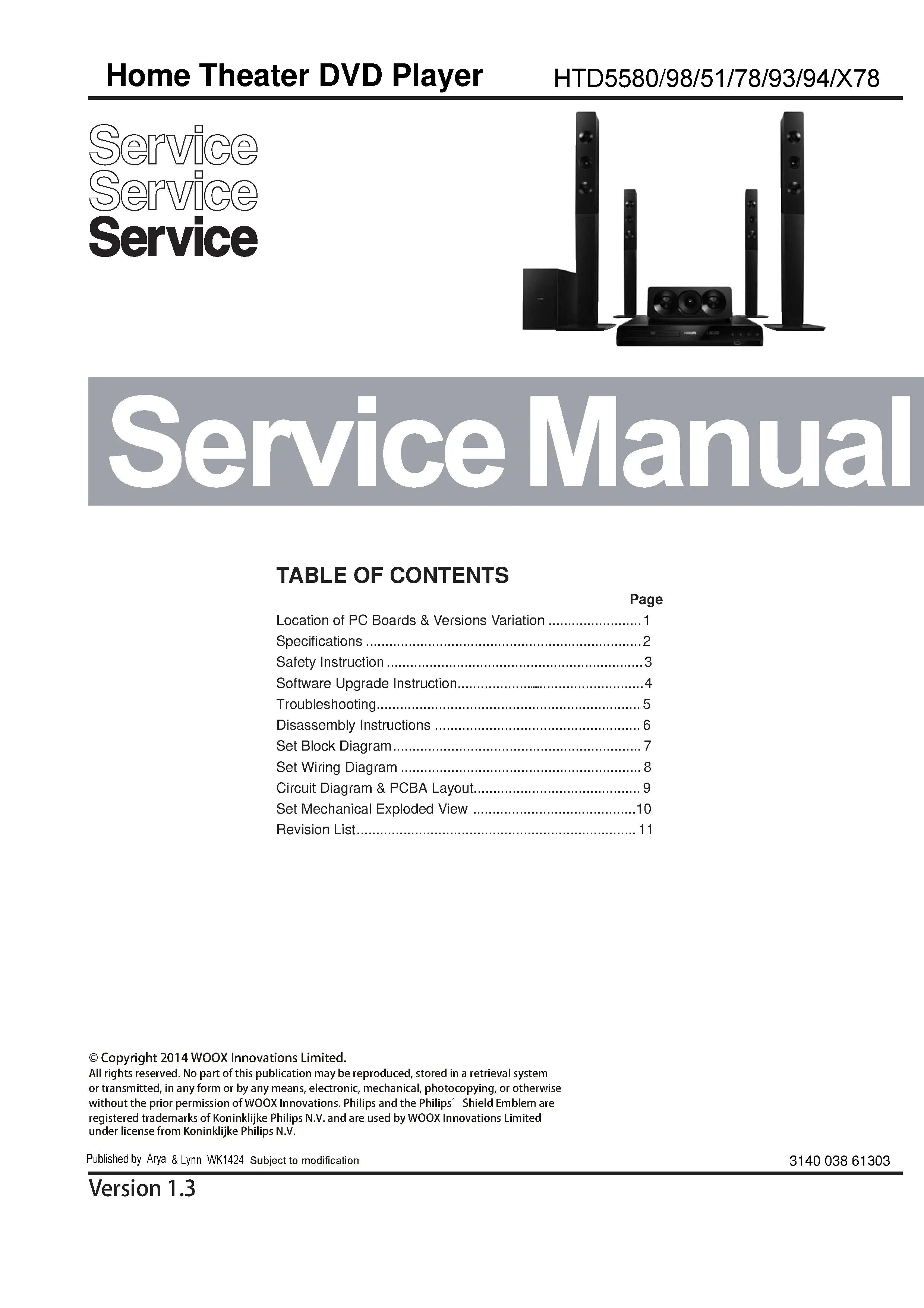 Philips htd5580x service manual cover with picture of the device, model type and number, table of contents, manual version and publication year.