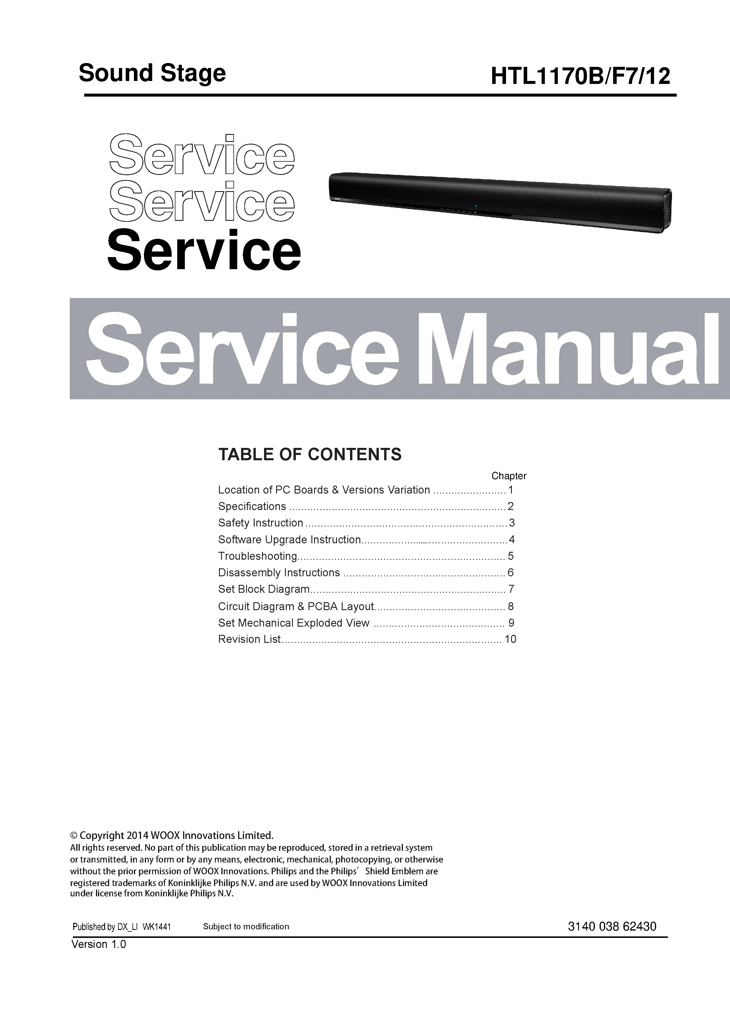 Philips htl1170b service manual cover with picture of the device, model type and number, table of contents, manual version and publication year.