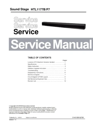 Philips htl1177b1 service manual cover with picture of the device, model type and number, table of contents, manual version and publication year.