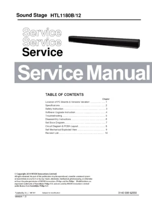 Philips htl1180b service manual cover with picture of the device, model type and number, table of contents, manual version and publication year.