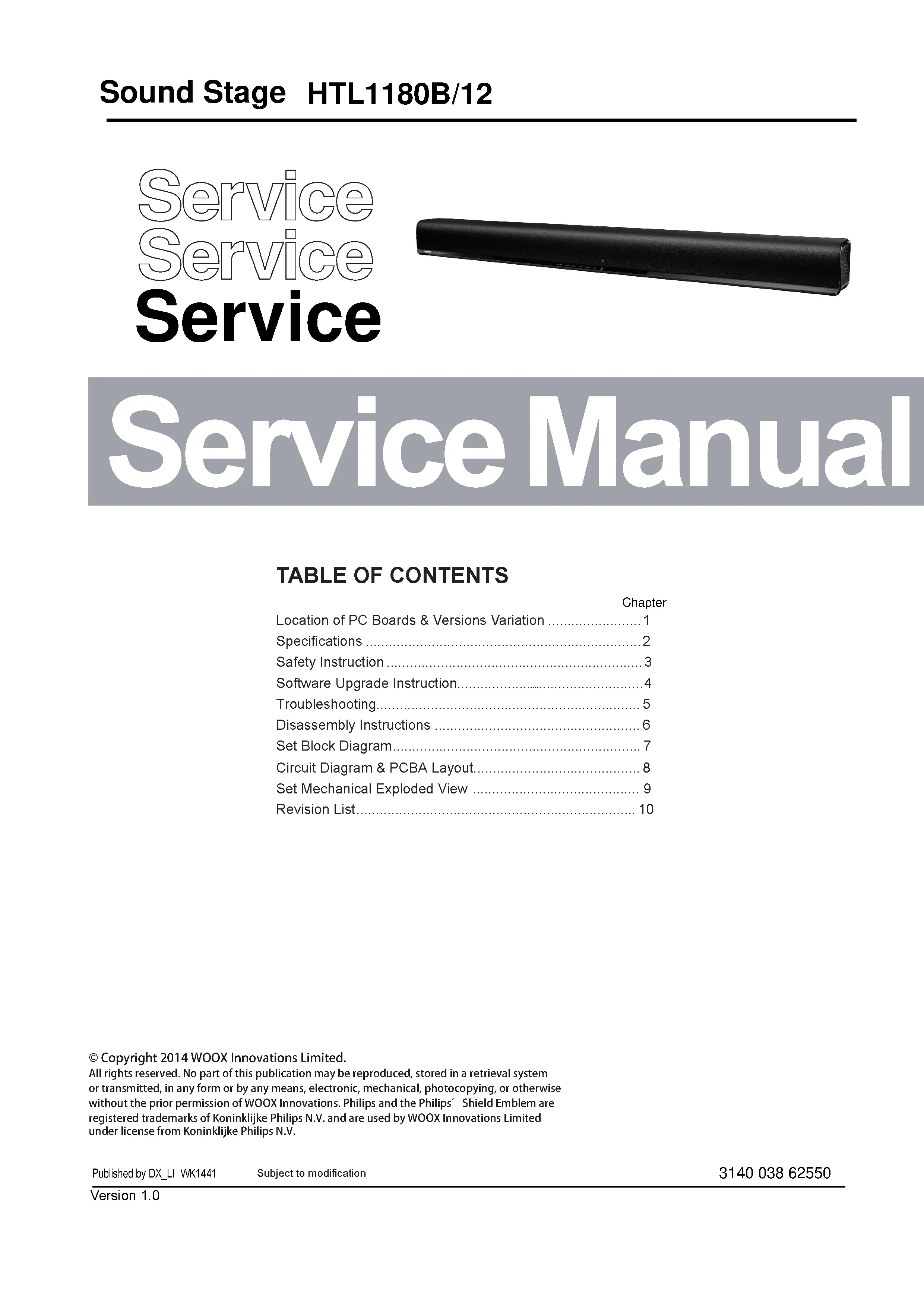 Philips htl1180b service manual cover with picture of the device, model type and number, table of contents, manual version and publication year.