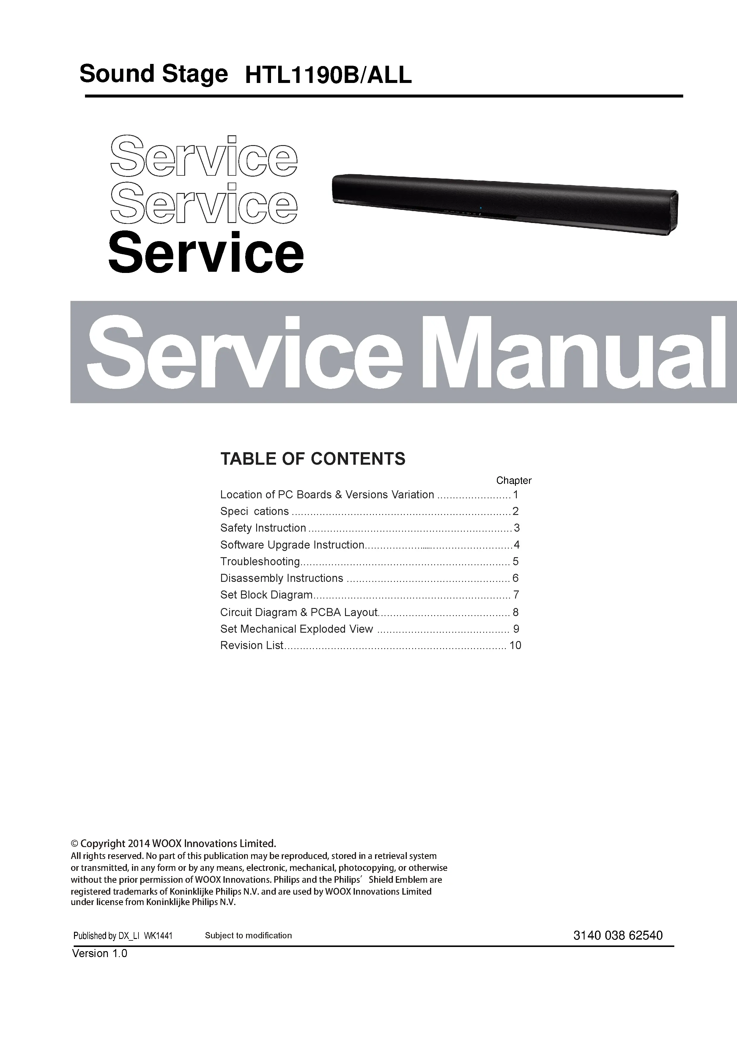 Philips htl1190b service manual cover with picture of the device, model type and number, table of contents, manual version and publication year.