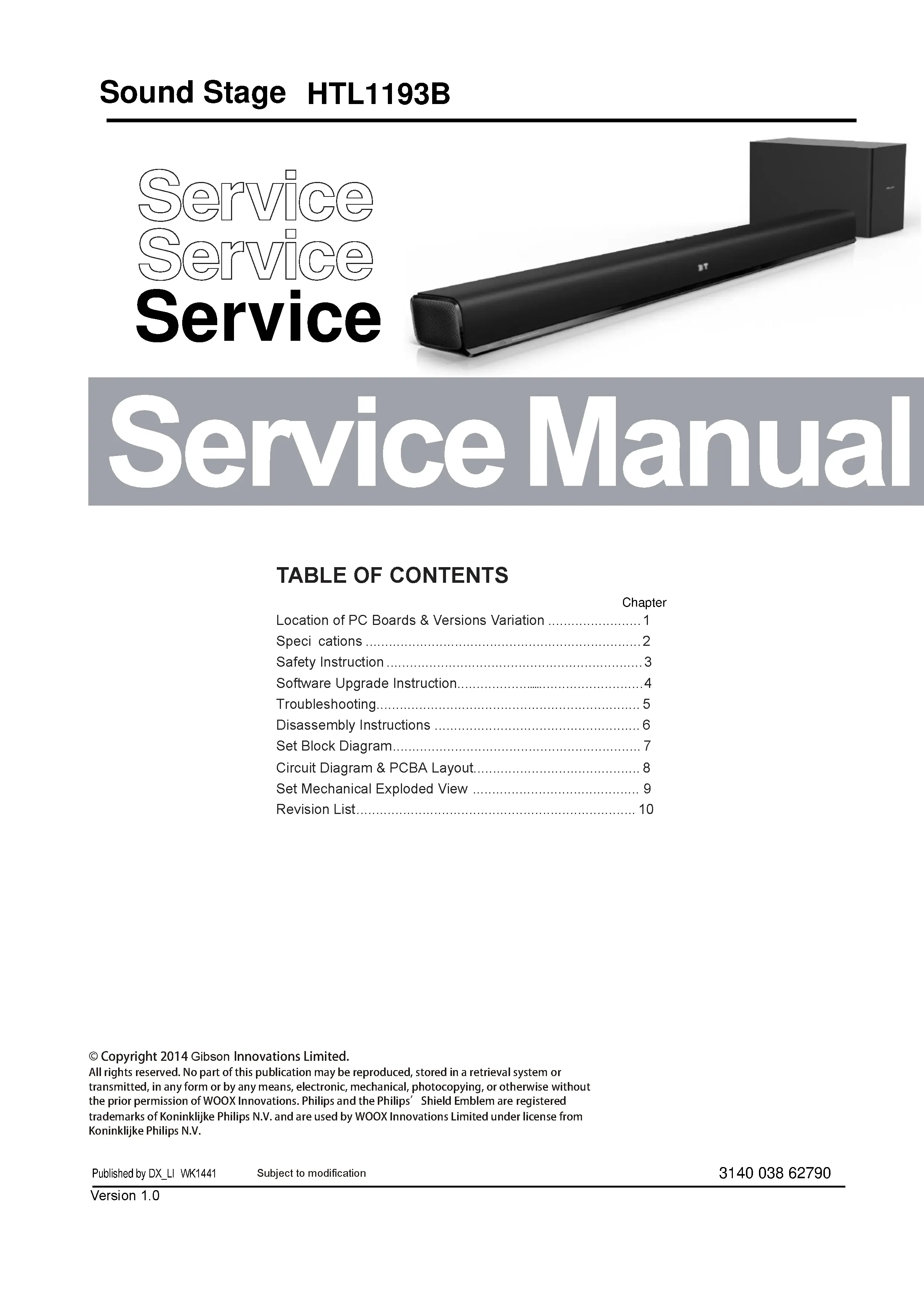 Philips htl1193b service manual cover with picture of the device, model type and number, table of contents, manual version and publication year.