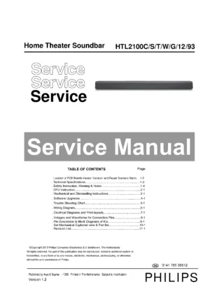 Philips htl2100b service manual cover with picture of the device, model type and number, table of contents, manual version and publication year.