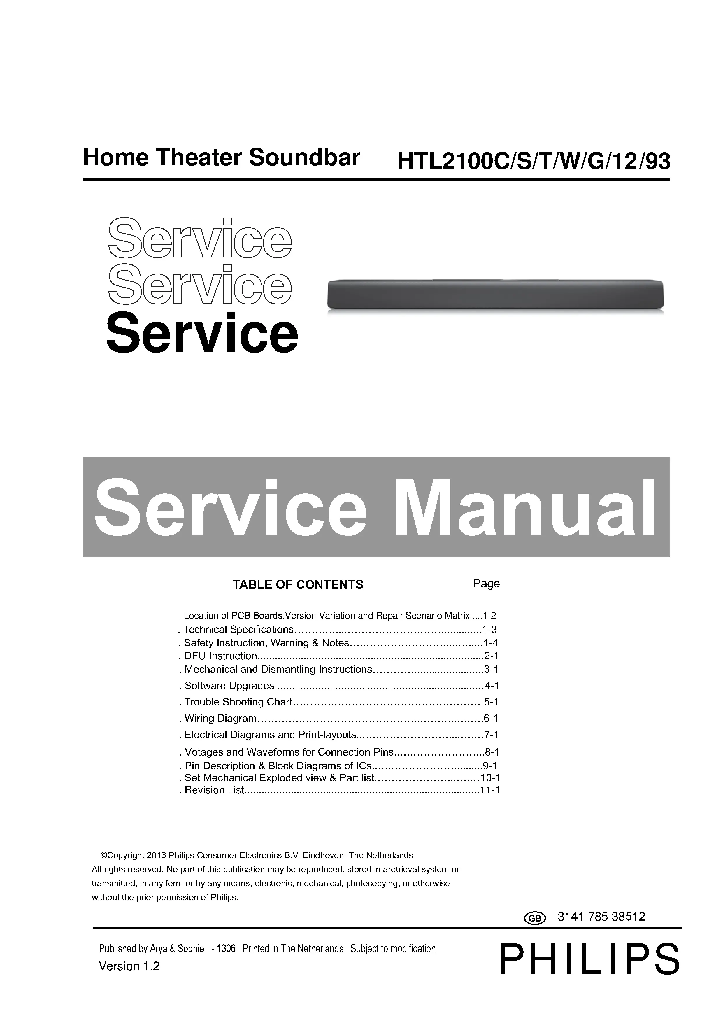 Philips htl2100b service manual cover with picture of the device, model type and number, table of contents, manual version and publication year.