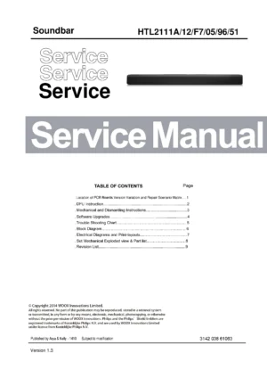 Philips htl2111a1 service manual cover with picture of the device, model type and number, table of contents, manual version and publication year.