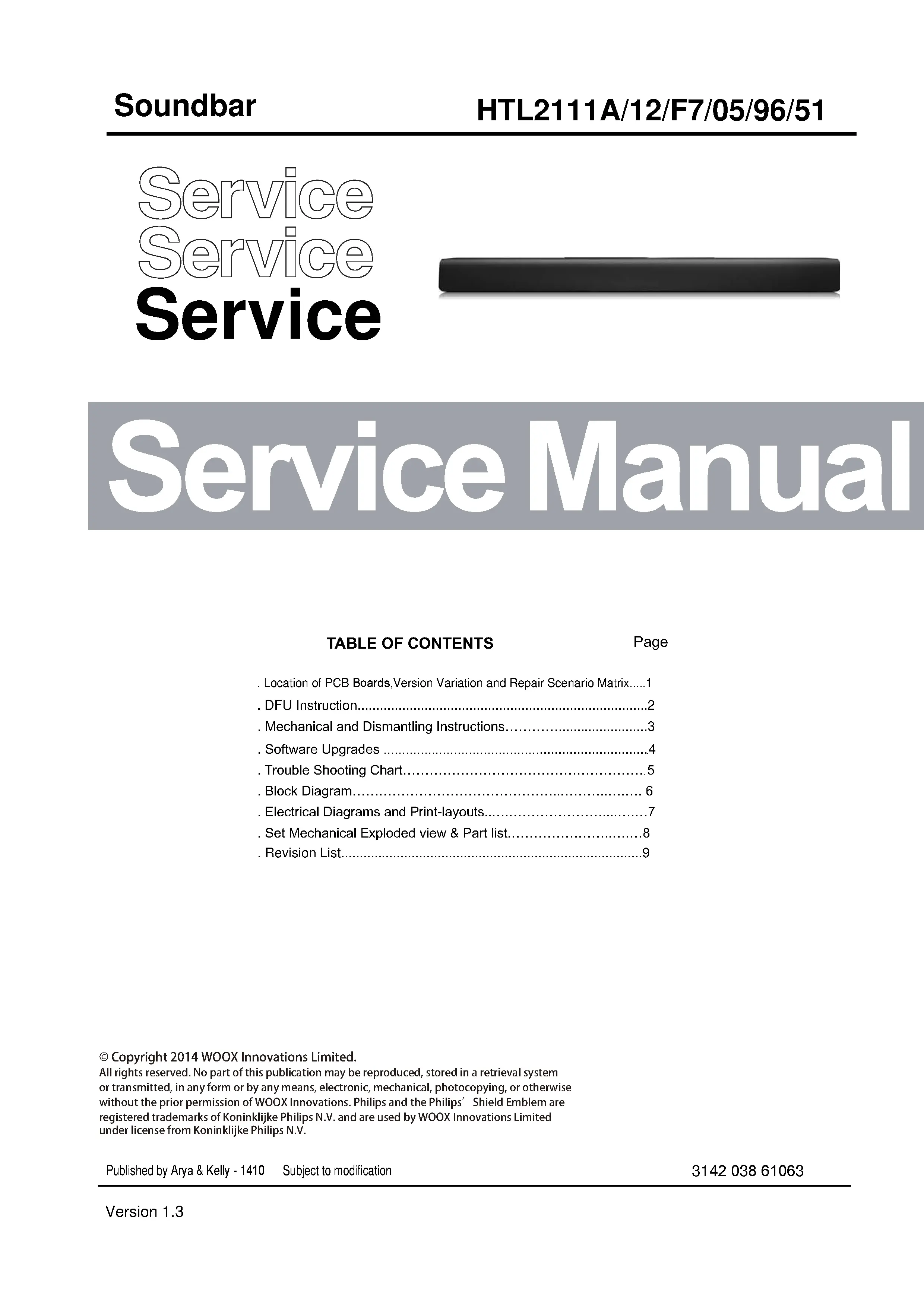 Philips htl2111a1 service manual cover with picture of the device, model type and number, table of contents, manual version and publication year.