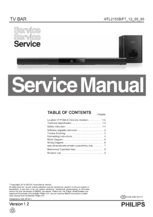 Philips htl2153b service manual cover with picture of the device, model type and number, table of contents, manual version and publication year.