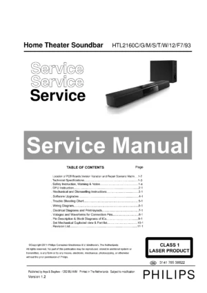 Philips htl2160s service manual cover with picture of the device, model type and number, table of contents, manual version and publication year.